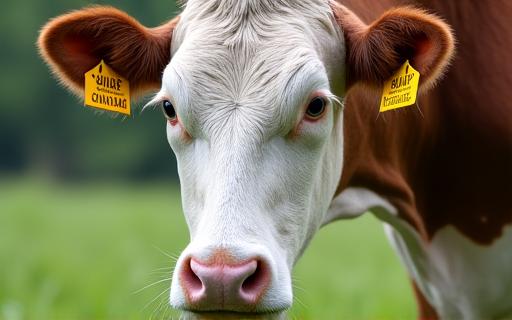 A healthy cow in a field wearing a yellow smart ear tag.